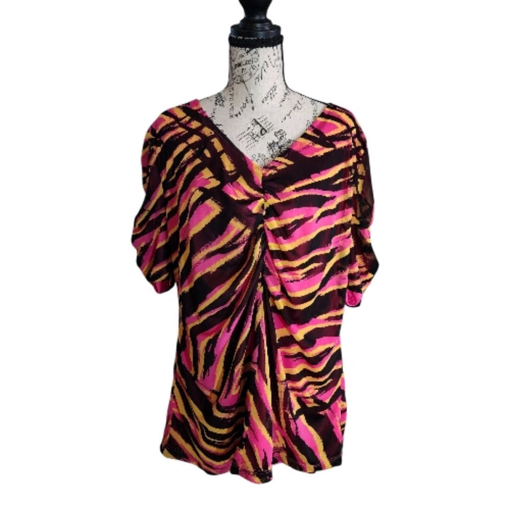 IMAN Global Chic Pink Zebra Mesh Ruched Blouse, Size 1X
